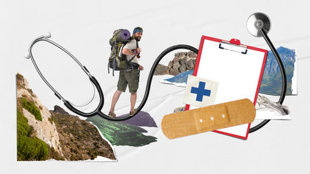 Collage with backpacker surrounded by stethoscope, medical supplies and mountain landscape fragmentsの写真素材