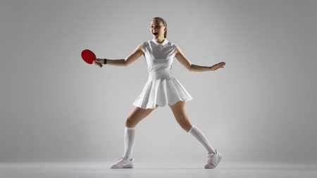 Energetic woman playing table tennis in studio settingの写真素材