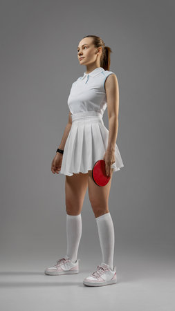 Assured woman athlete prepared for table tennis matchの写真素材