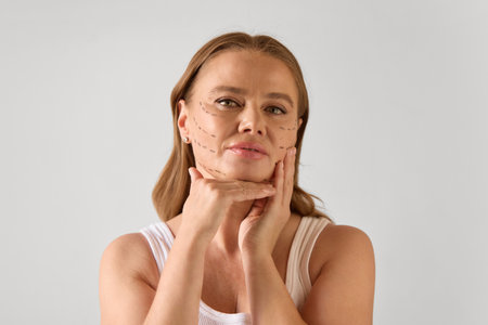 Confident older woman with aesthetic procedure markings posing with serious expression