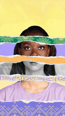 Cultural collage portrait of woman with layered patterns and serious expression
