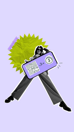 Fintech collage of confident woman holding QR code with dollar symbol