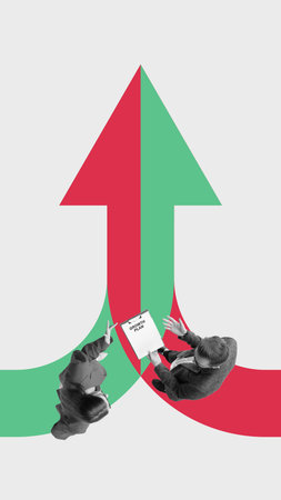 Collage of two business paths merging into one growth arrow with cooperative employees below
