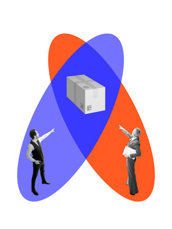 Collage of two managers pointing at package over intersecting bold shapes