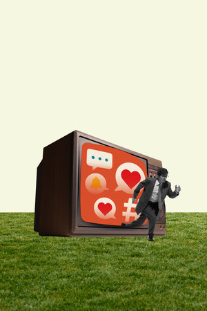 Conceptual collage of man escaping TV with social icons over red background