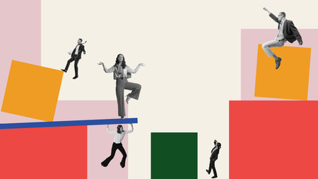 Surreal collage of office workers balancing on abstract shapes in business scene