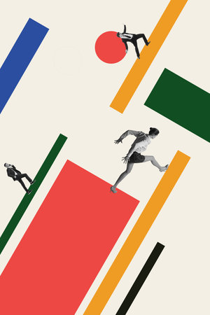 Collage of white collar workers interacting with geometric forms and dynamic shapes on white...