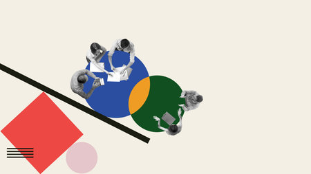 Creative digital artwork of creative team around abstract shapes in flat-lay view of workspace