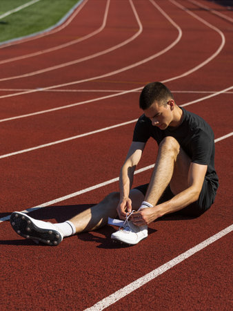 Athlete lacing up shoes on track prior to outdoor running training session