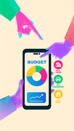 Collage of colorful hands pointing at smartphone screen with pie chart and budget icons