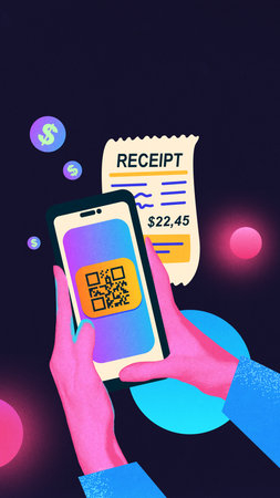 Collage of smartphone QR code scanner and printed receipt with dollar symbols