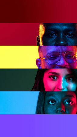 Dark neon collage of diverse eyes and faces arranged in horizontal color blocks. Concept of identity, tolerance campaigns, LGBT pride content, design posters, and social awareness media.の写真素材