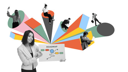 Colorful collage of smiling woman holding roadmap diagram surrounded by hybrid team members on abstract shapesの写真素材