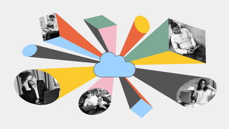 Creative artwork of cloud at center with remote workers showing mixed emotions and various digital environmentsの写真素材