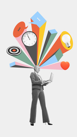 Surreal collage of smiling woman with laptop connected to digital icons of time, creativity, target, speechの写真素材