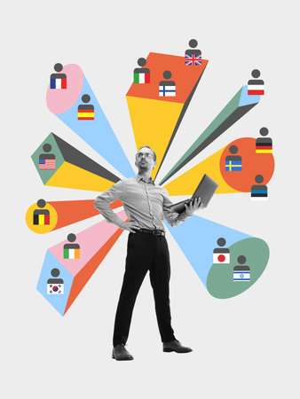 Creative collage of proud man holding laptop surrounded by international icons representing global teamの写真素材