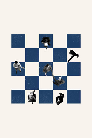Bold collage of businesspeople moving across blue checkerboard