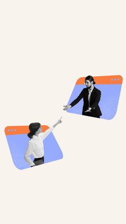 Digital collage of remote office workers reaching from browser windows with open gestures