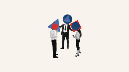 Surreal collage of business people with geometric shapes for heads discussing together