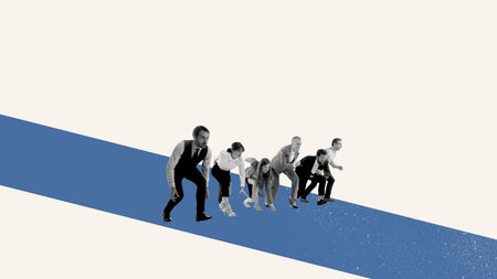 Collage of business team in starting positions on blue track racing for successの写真素材