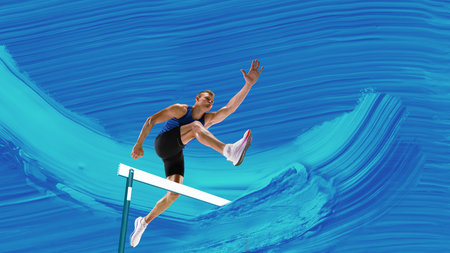 Creative artwork. Male athlete leaping over hurdle with focused expression on dynamic blue paint...