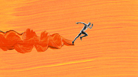 Bright collage. Black-and-white male sprinter dashing forward with explosive motion on swirling orange brushstrokeの写真素材