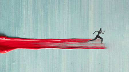 Graphic composition. Female runner sprinting forward on red paint stripe over light blue background