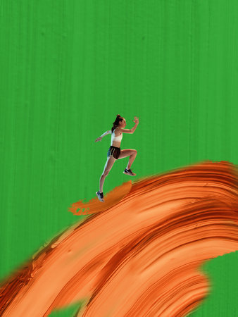 Contemporary collage of young female athlete climbing orange paint stroke on green backgroundの写真素材