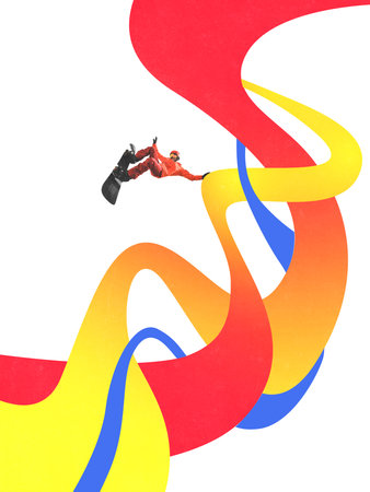Creative collage of snowboarder flying above colorful curved ribbons on white backgroundの写真素材