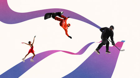 Collage of figure skater, snowboarder, and hockey player in motion across violet pathの写真素材