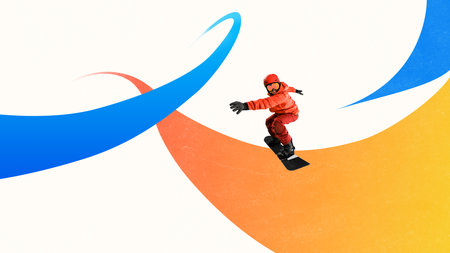 Colorful collage of snowboarder surfing vivid blue and orange swooshes with focused stance