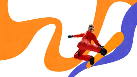Bold digital collage of man in red snowboarding outfit jumping over orange and purple abstract path