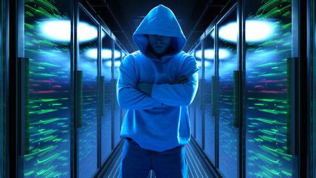 Man in hooded sweatshirt standing in glowing 3D server corridor