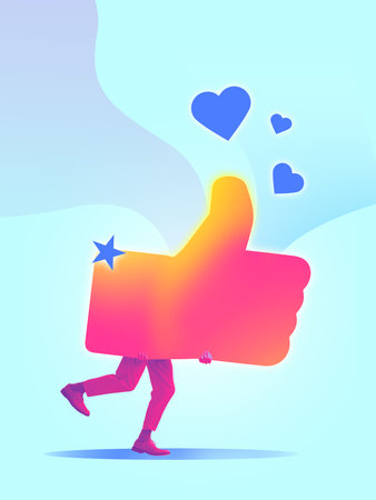 Bold colorful poster. Person holding oversized like icon with joyful body language and floating...