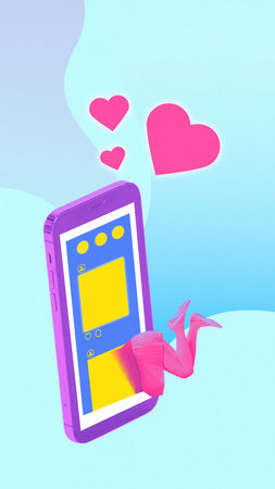 Creative digital artwork. Female legs diving into giant smartphone screen with hearts floating in the airの写真素材