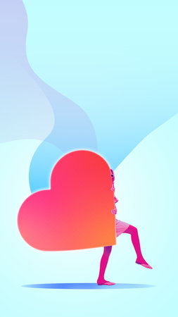 Contemporary collage. Woman in pink tights carrying oversized heart shape on pastel backgroundの写真素材