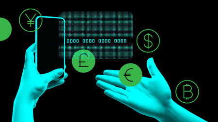 Creative digital artwork. Two hands with phone and floating currency symbols