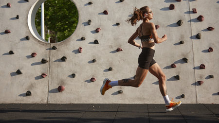 Female jogging beside an exterior climbing wall on a bright day