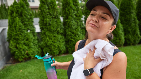 Woman in cap resting and wiping sweat with towel