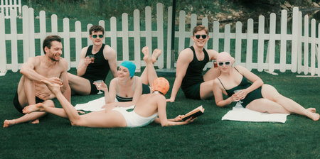 Group of young adults relaxing on grass in vintage swimsuits