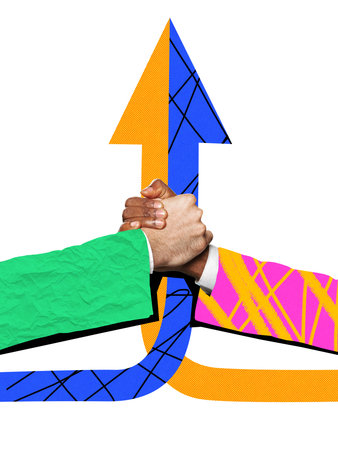 Bold colorful poster of two arms in colorful suits clasped in strong handshake with upward arrow