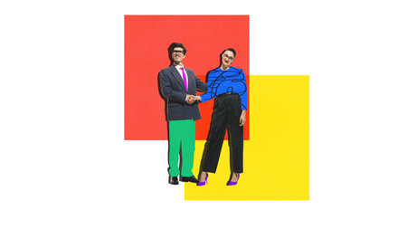 Creative collage of smiling man and woman in bright clothing shaking hands on colorful geometric backgroundの写真素材