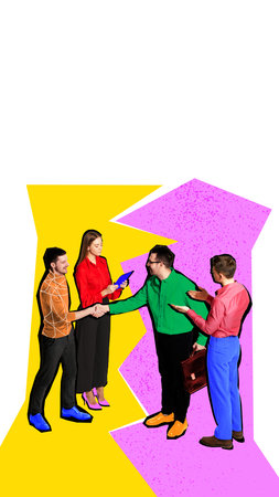 Creative digital artwork of colorful businesspeople shaking hands on yellow and pink background
