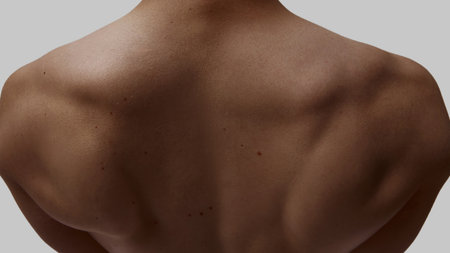 Rear view of male back with natural shoulder anatomy and frecklesの写真素材