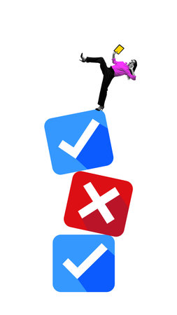 Modern collage of businesswoman balancing on stacked checkmark and cross icons