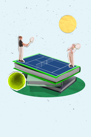 Contemporary collage of tennis match on book-shaped court with players and large tennis ball under sunの写真素材