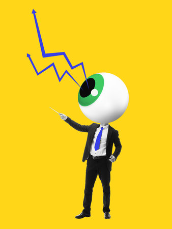 Bright collage of businessman with giant eyeball head pointing to rising chart on yellow background