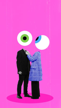 Surreal collage of couple with oversized cartoon eyes adjusting suit on bright pink backgroundの写真素材