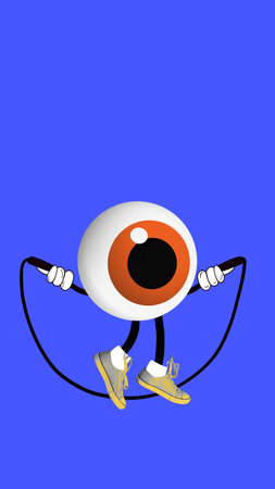 Digital colorful poster. Cartoon eyeball with sneakers skipping rope on vivid blue background