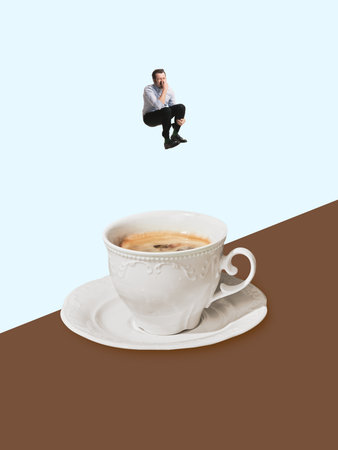 Creative collage of man diving into coffee cup with joyful energyの写真素材